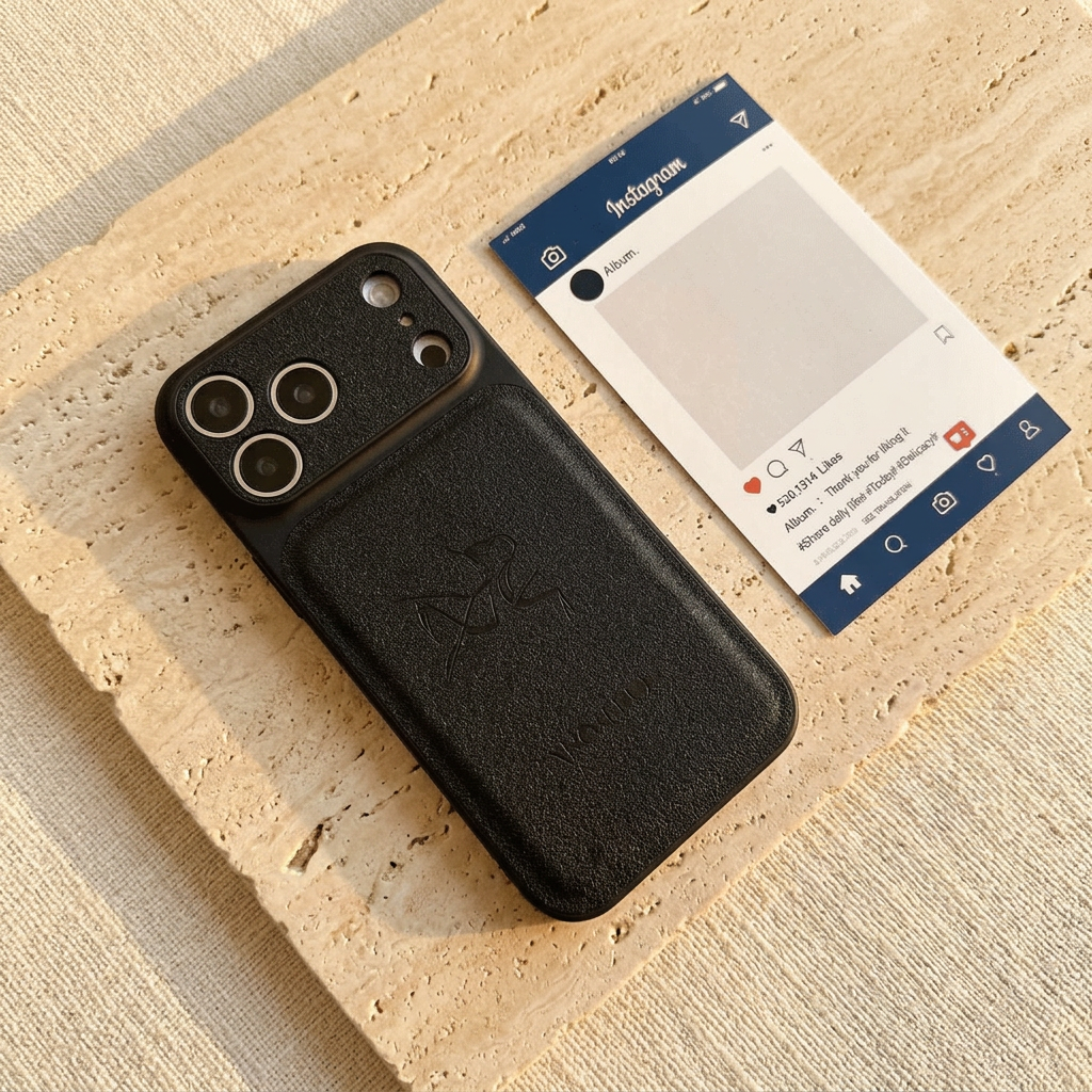 Black Arc'teryx skeletal-bird design iPhone back cover lying diagonally beside a printed card, with a dark textured rear panel and light rings around three large camera lenses.