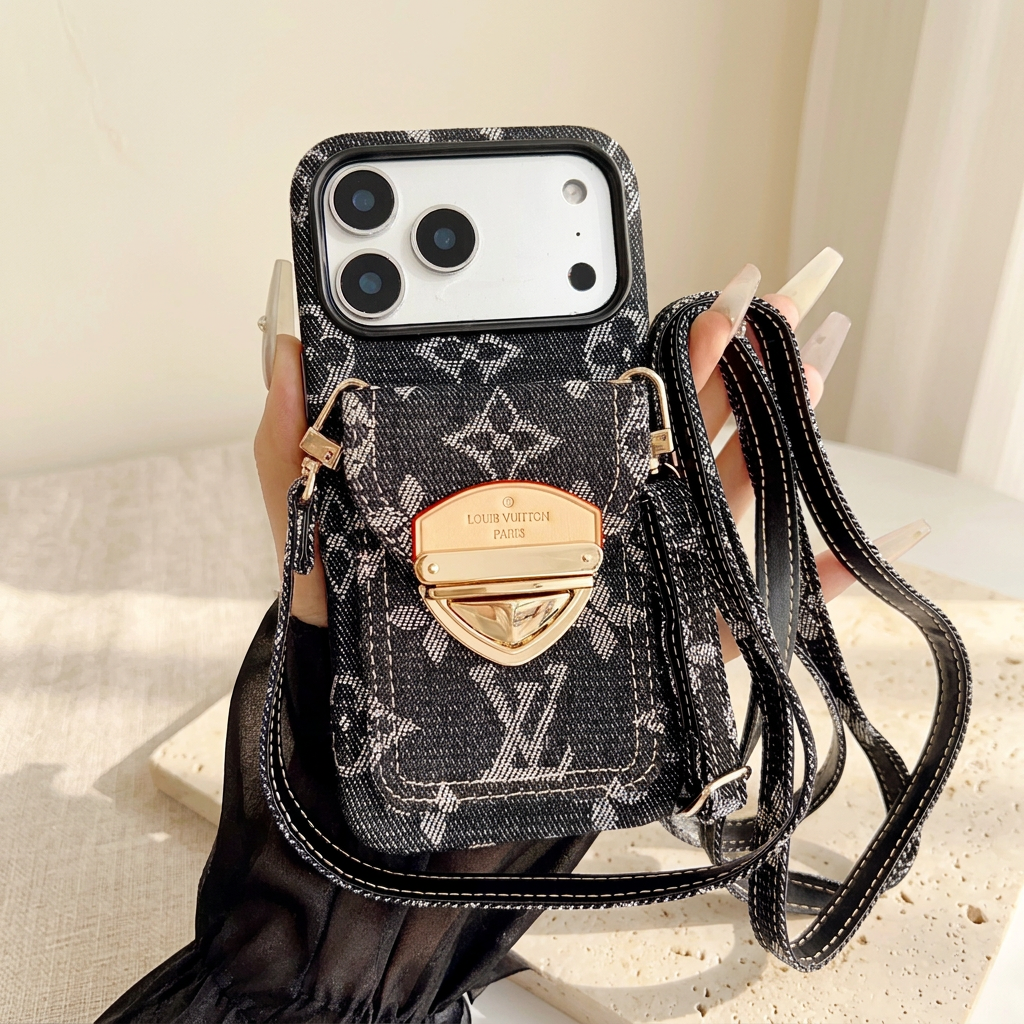 Style D black woven-look monogram rear-pocket case held with its narrow matching stitched strap, adjustment buckle and gold-tone clasp.