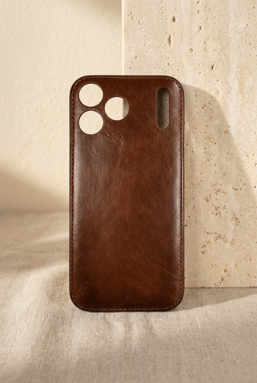 Brown stitched empty rear shell showing three round camera openings and a tall narrow slot.