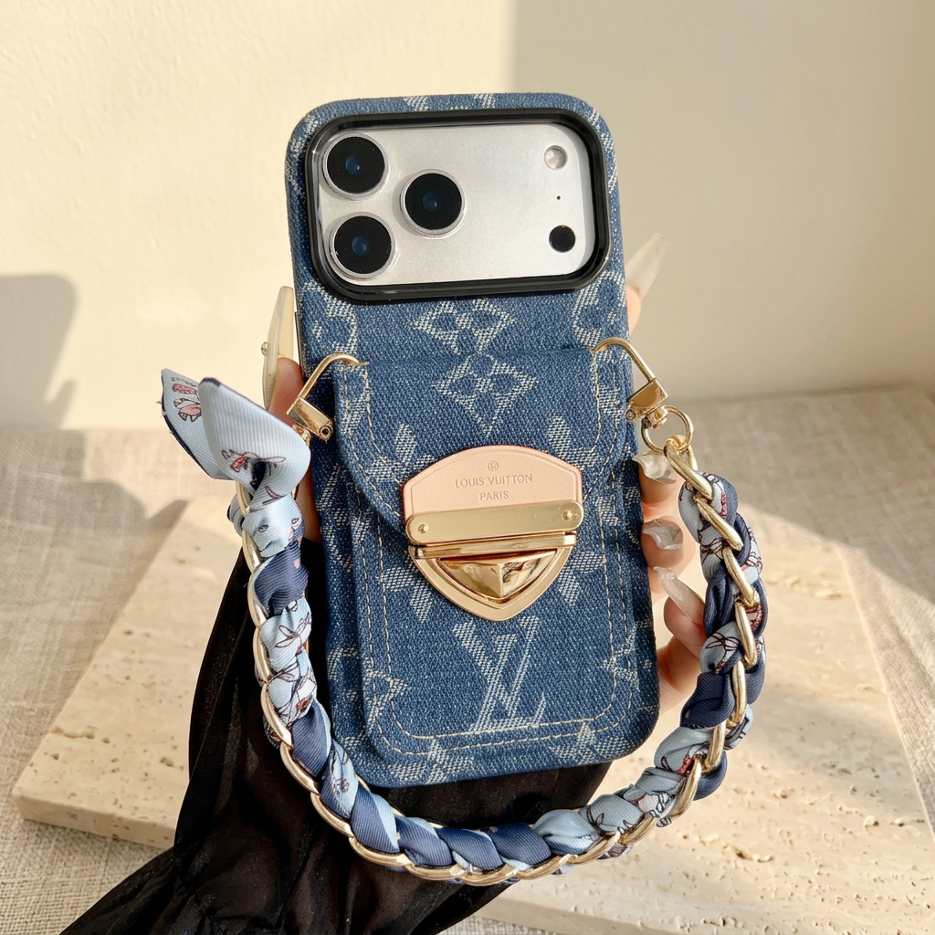 Blue woven-look monogram rear-pocket case with a gold-tone clasp and pale-blue scarf-woven short chain, held upright by a manicured hand.