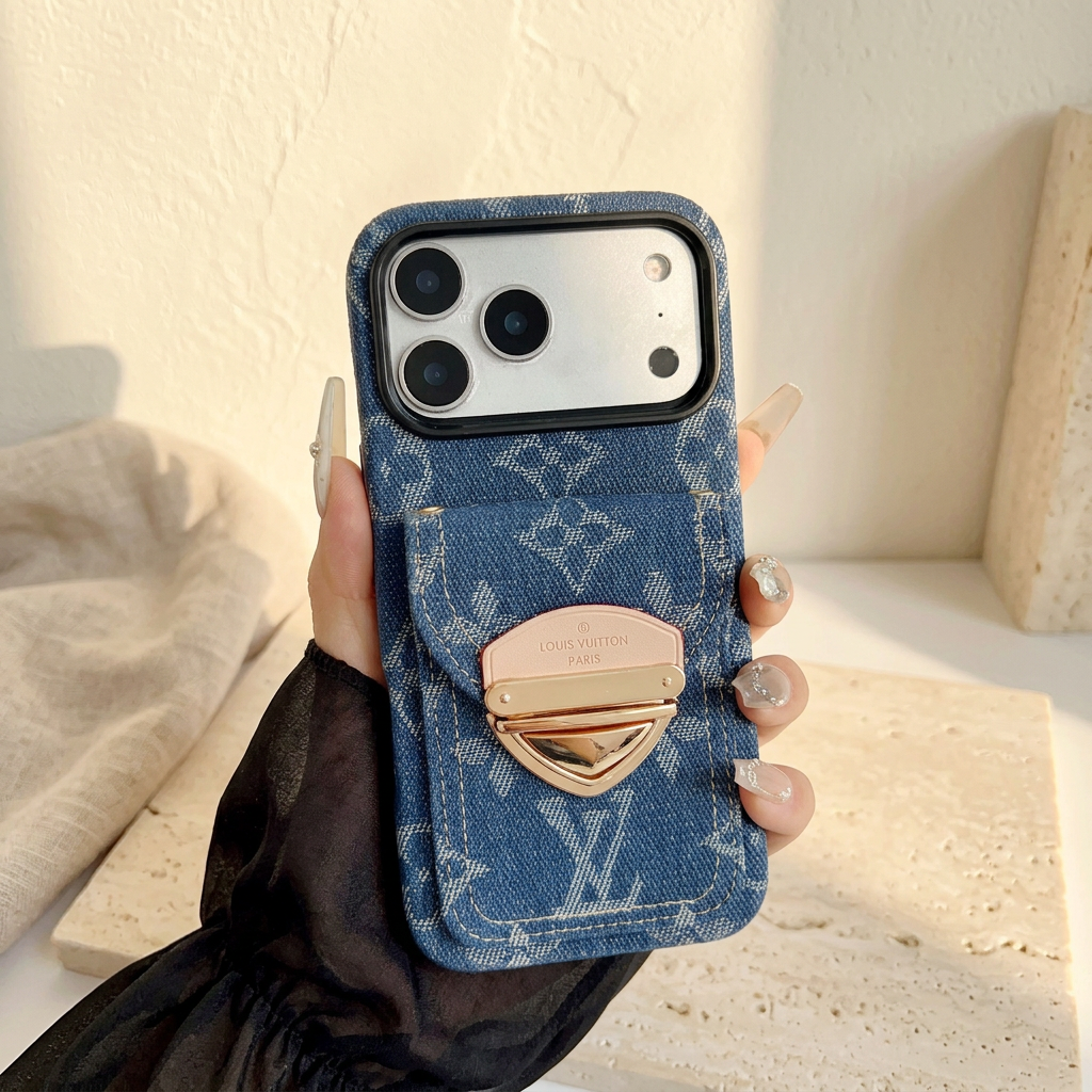 Hand-held blue woven-look monogram rear-pocket case without a strap, showing the matching pocket pattern and gold-tone clasp.