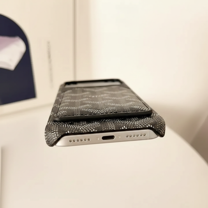 Black Goyard iPhone 17 Pro Max Case – Feature Detail | raised edges, card slot, black Goyard luxury phone accessory | Elitesmark