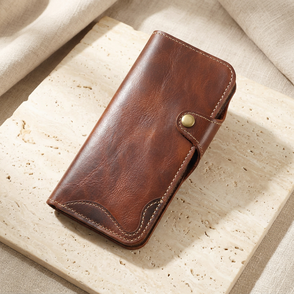 Closed brown folio shown diagonally, with a brass-tone snap tab, light perimeter stitching and curved corner details.