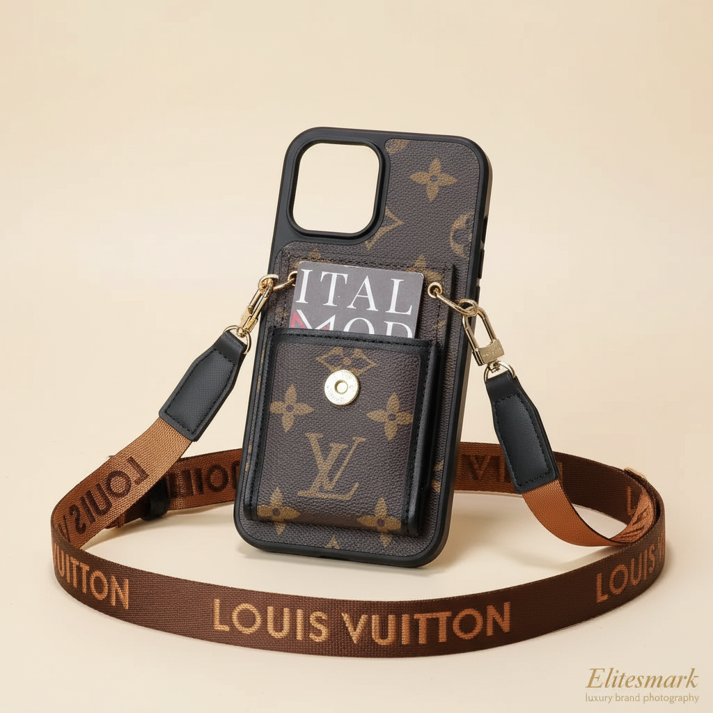 Camel Brown Louis Vuitton iPhone 17 Pro Max Case – Feature Detail | raised edges, classic LV pattern, premium phone cover | Elitesmark