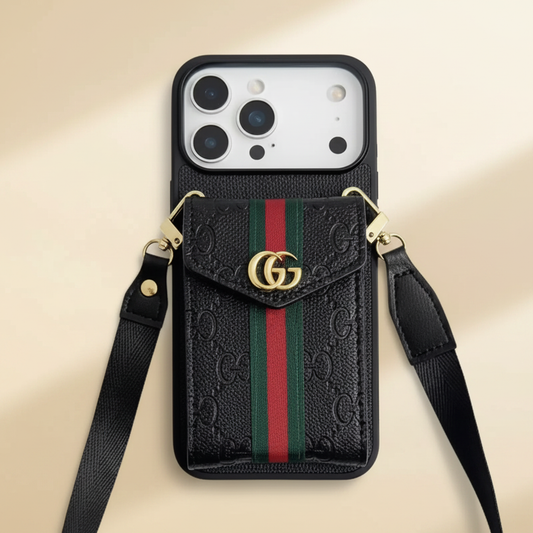 Black Louis Vuitton iPhone 17 Pro Max Case With Cardholder & Strap – Full Product View | LV monogram luxury cover, Elitesmark premium phone accessories | Elitesmark