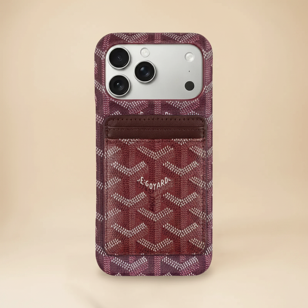 Burgundy Goyard iPhone 17 Pro Max MagSafe Case with Cardholder – Goyard Pattern | burgundy Goyard canvas, card slot, MagSafe compatible | Elitesmark