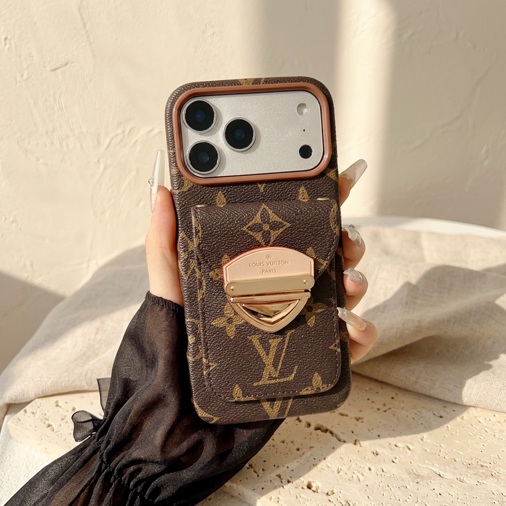 Style A brown monogram rear-pocket case without a strap, held upright and showing the large LV motif below its gold-tone clasp.