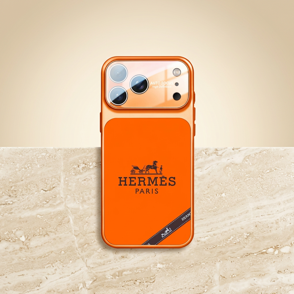 Full straight-on rear view of Style B orange case with black Hermès carriage and name and a diagonal black ribbon graphic at the lower right.