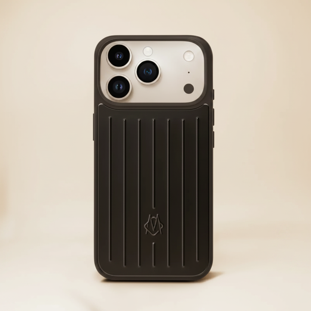 Black RIMOWA iPhone 17 Pro Max Case – Luxury Grooved Design | iconic ribbed texture, RIMOWA branding, premium German designer cover | Elitesmark