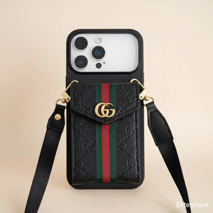 Black Gucci iPhone 17 Pro Max Case with CardHolder – GG Marmont Leather | black GG monogram, green-red web stripe, gold hardware, crossbody strap | Elitesmark