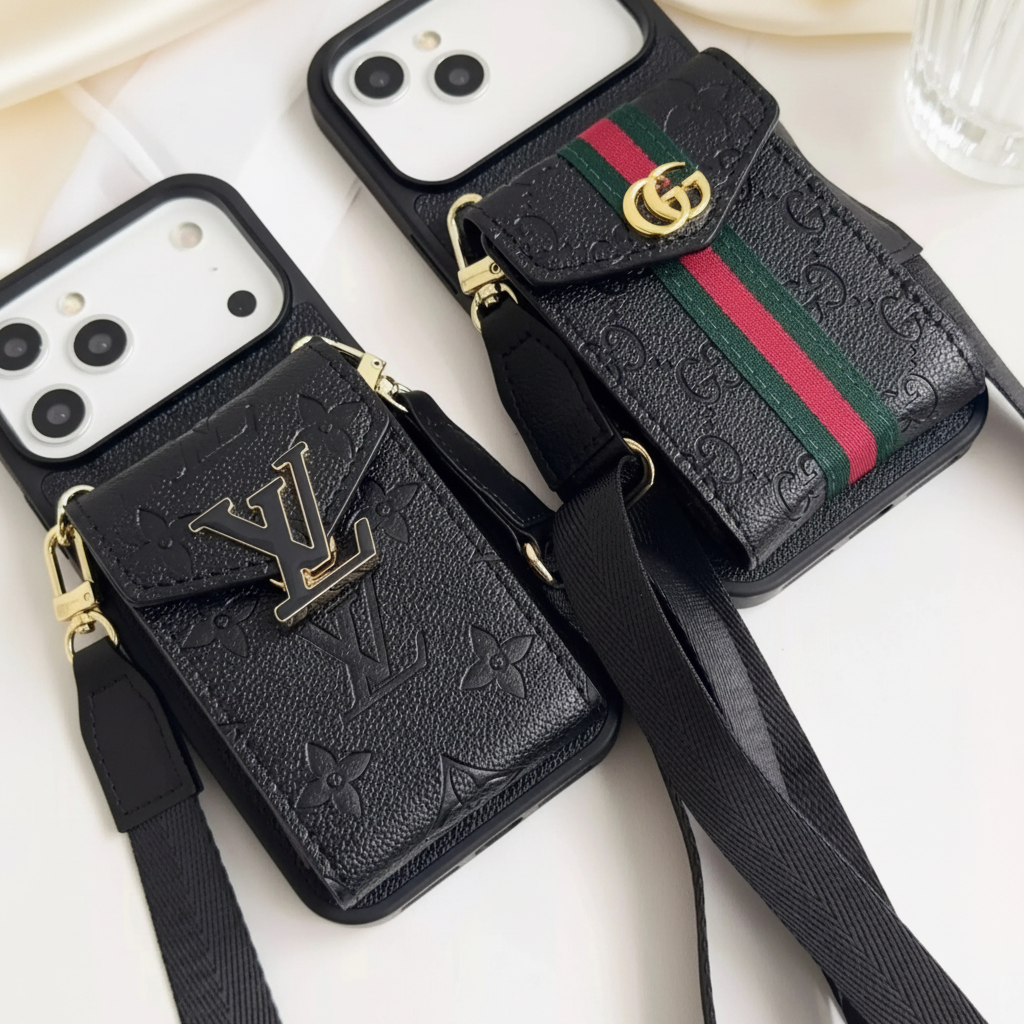 Black Louis Vuitton iPhone Case – Top View | LV monogram cardholder, crossbody strap, premium designer cover | Elitesmark