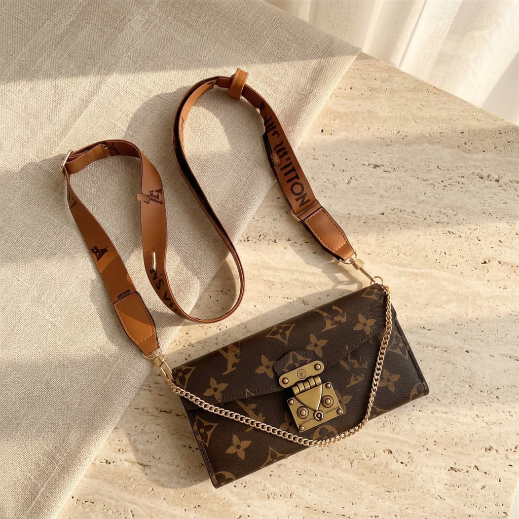 Closed Brown Louis Vuitton monogram design folio with tan motifs, gold-tone clasp, draped chain and tan adjustable strap.