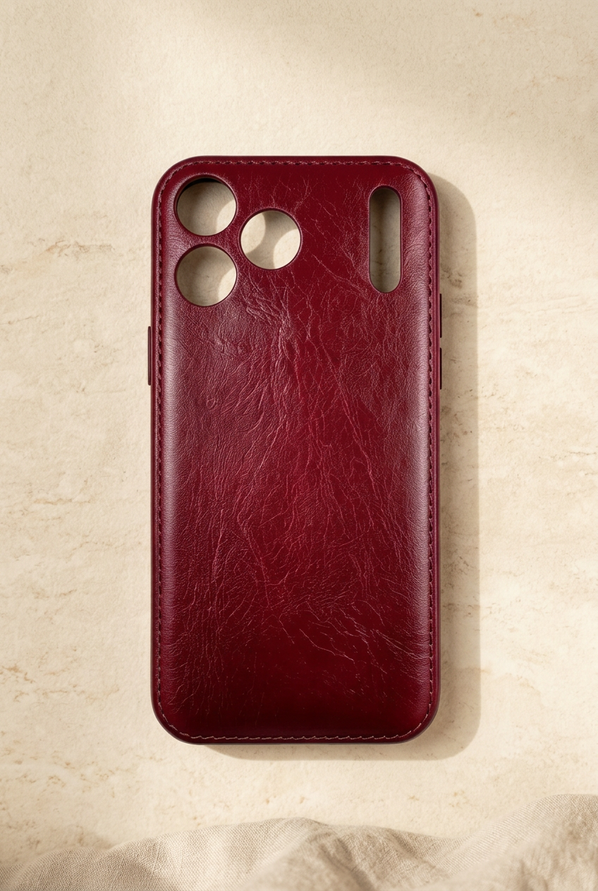 Deep wine-red stitched empty rear shell showing creased grain, three round camera openings and a tall narrow slot.