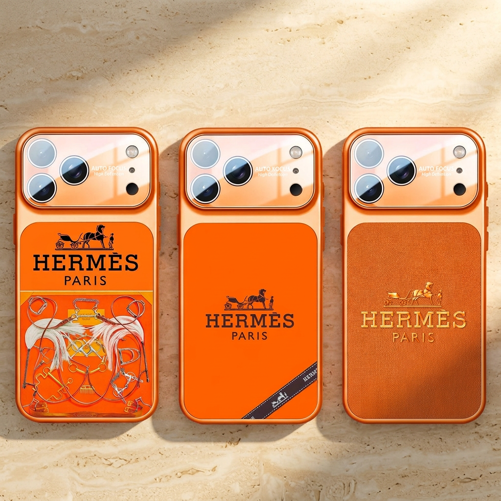Three orange Hermès design cases side by side: equestrian print, black carriage motif with diagonal ribbon graphic, and textured gold-tone carriage motif.