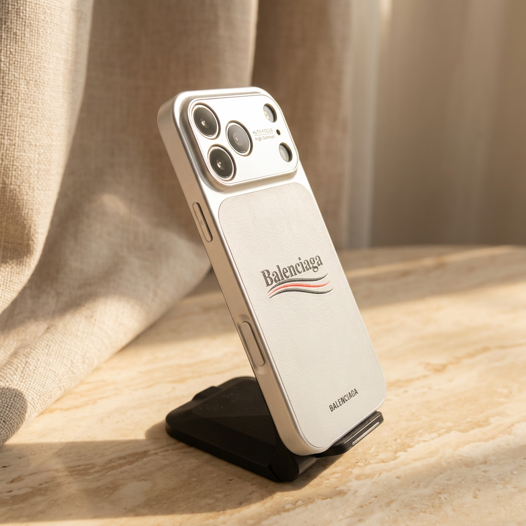 Angled side and rear view of the silver-toned White case showing an upper narrow control, lower elongated control and central name-and-stripe design.