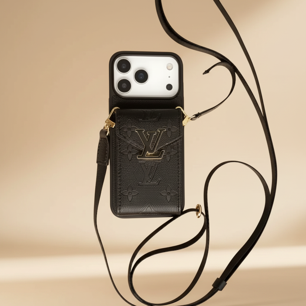 Black Louis Vuitton iPhone Case – Back View | black LV monogram leather, cardholder slot, luxury phone case | Elitesmark
