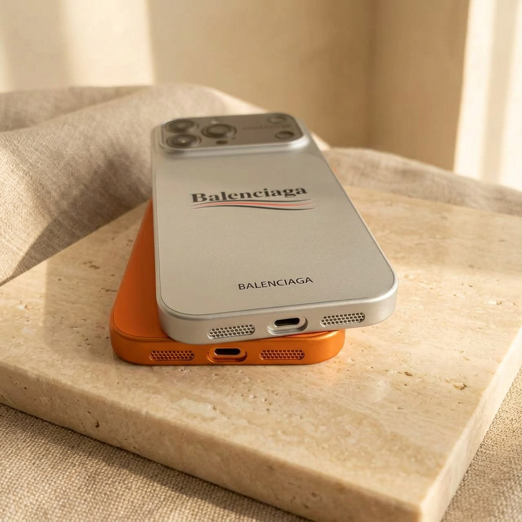 Low-angle view of a silver-toned White case stacked over an orange case, showing bottom charging-port openings and perforated speaker sections.
