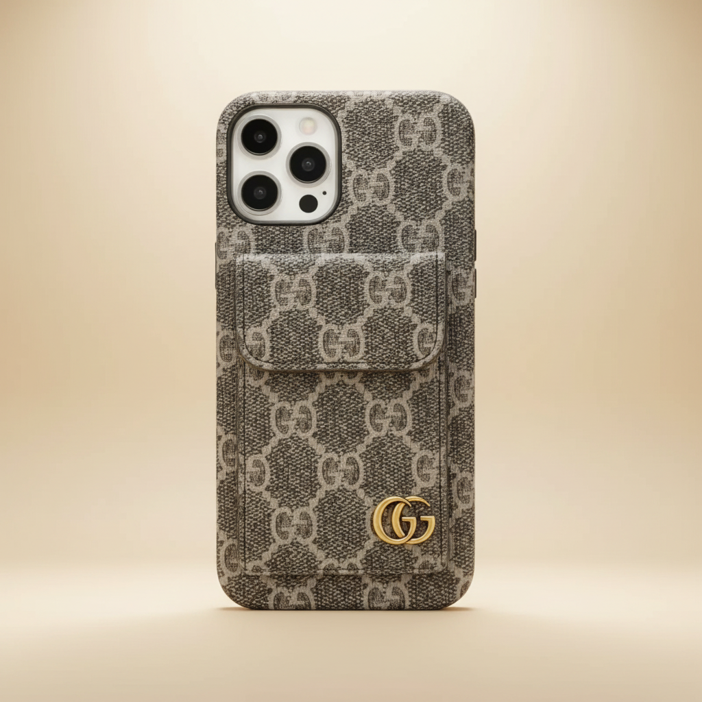 Beige Gucci GG Monogram iPhone Case – CardHolder Detail | classic canvas luxury, premium gold hardware, designer iPhone 17 Pro Max cover | Elitesmark