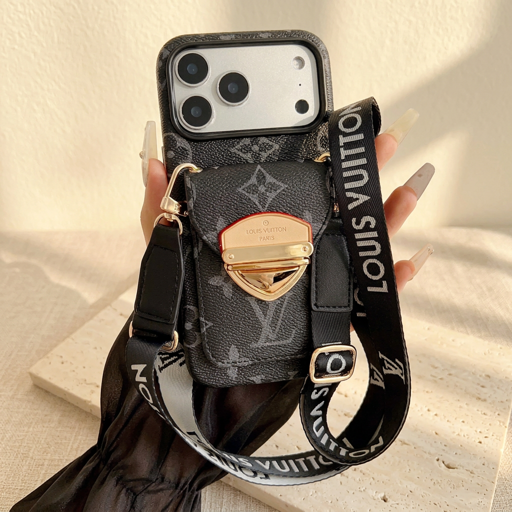 Style C tonal black monogram rear-pocket case held with its long black wordmark strap, gold-tone buckle and gold-tone pocket clasp.