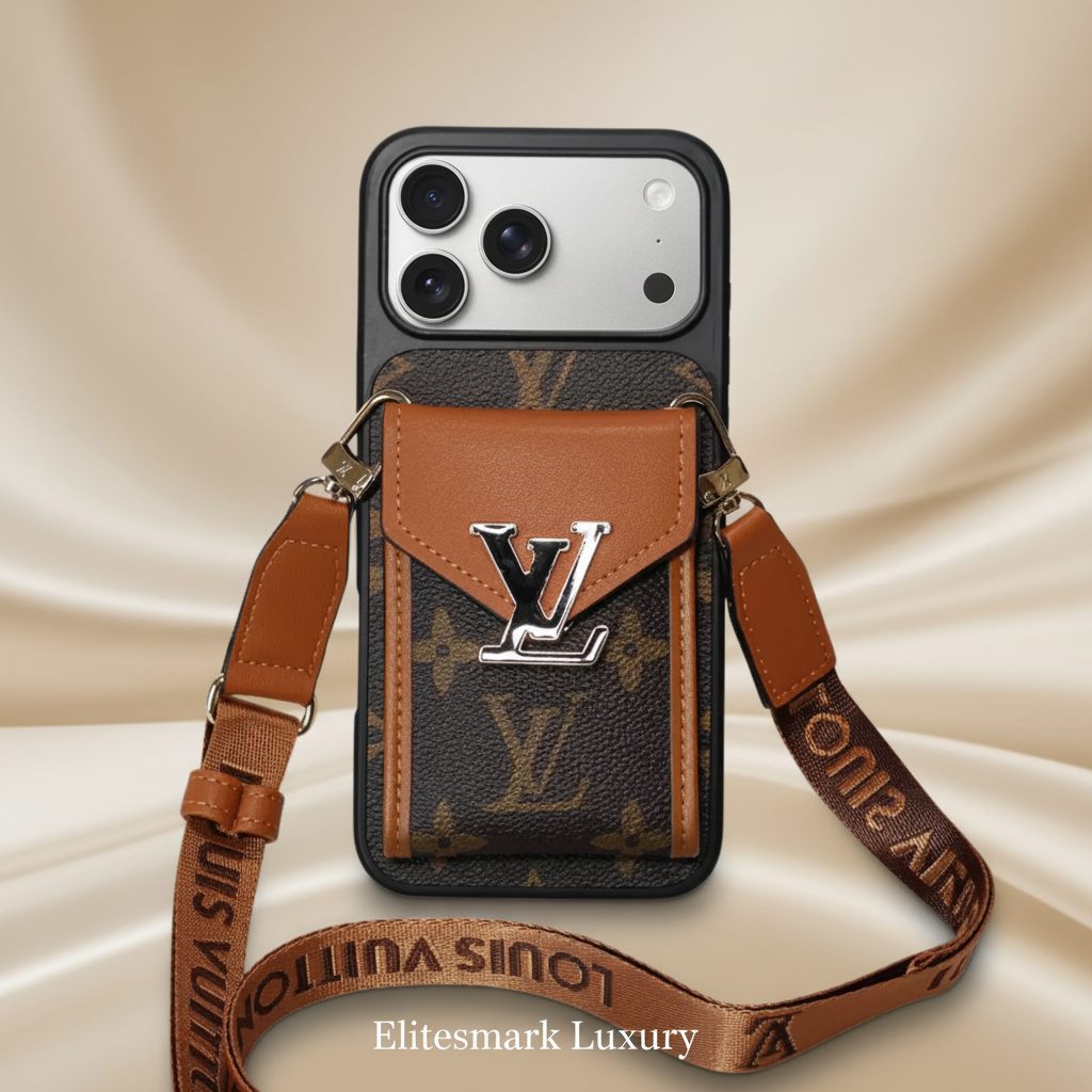 Camel Brown LV iPhone 17 Pro Max Case – Angle Shot | classic monogram, luxury camel phone case | Elitesmark