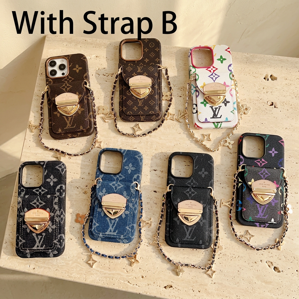 Seven monogram design rear-pocket cases with short Strap B chains, including LV and floral charms, gold-tone clasps and different camera openings.