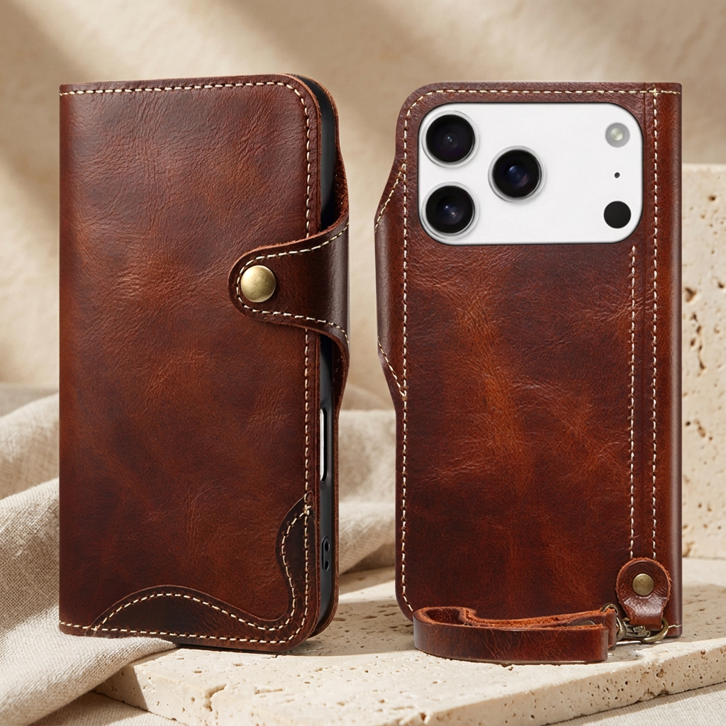 Brown folio front and rear views side by side, showing the closed snap tab, rear camera opening and short matching wrist loop.