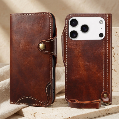 Brown folio front and rear views side by side, showing the closed snap tab, rear camera opening and short matching wrist loop.