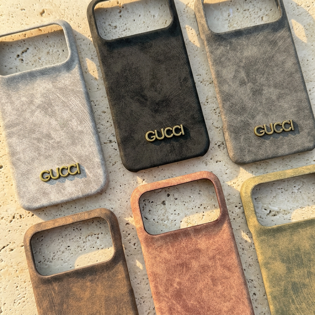 Close comparison of six suede-look Gucci design cases with wide rectangular empty camera openings and gold-tone names near the bottom.