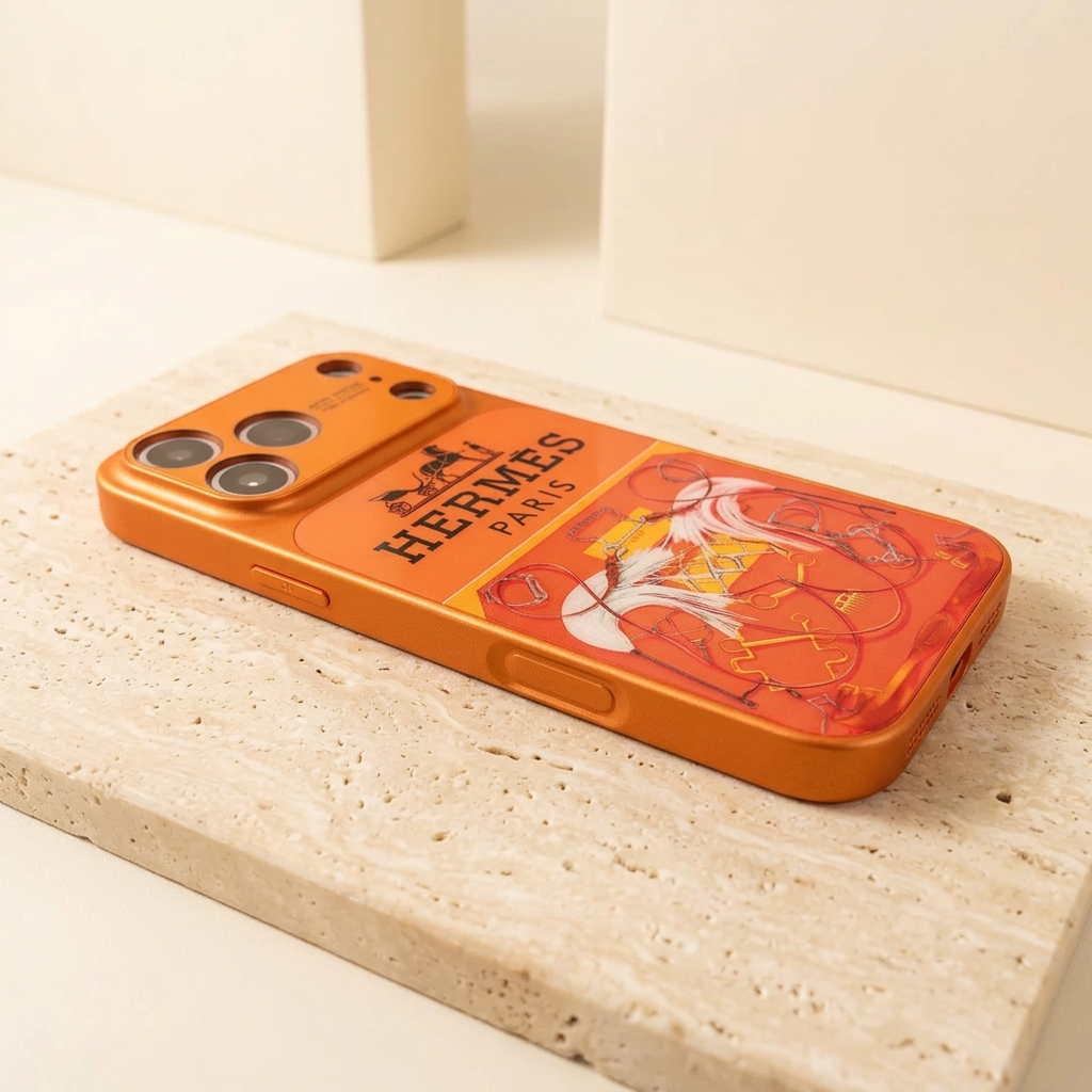 Low side view of Style A orange equestrian print case lying flat, showing orange side buttons, camera surround and glossy printed rear panel.