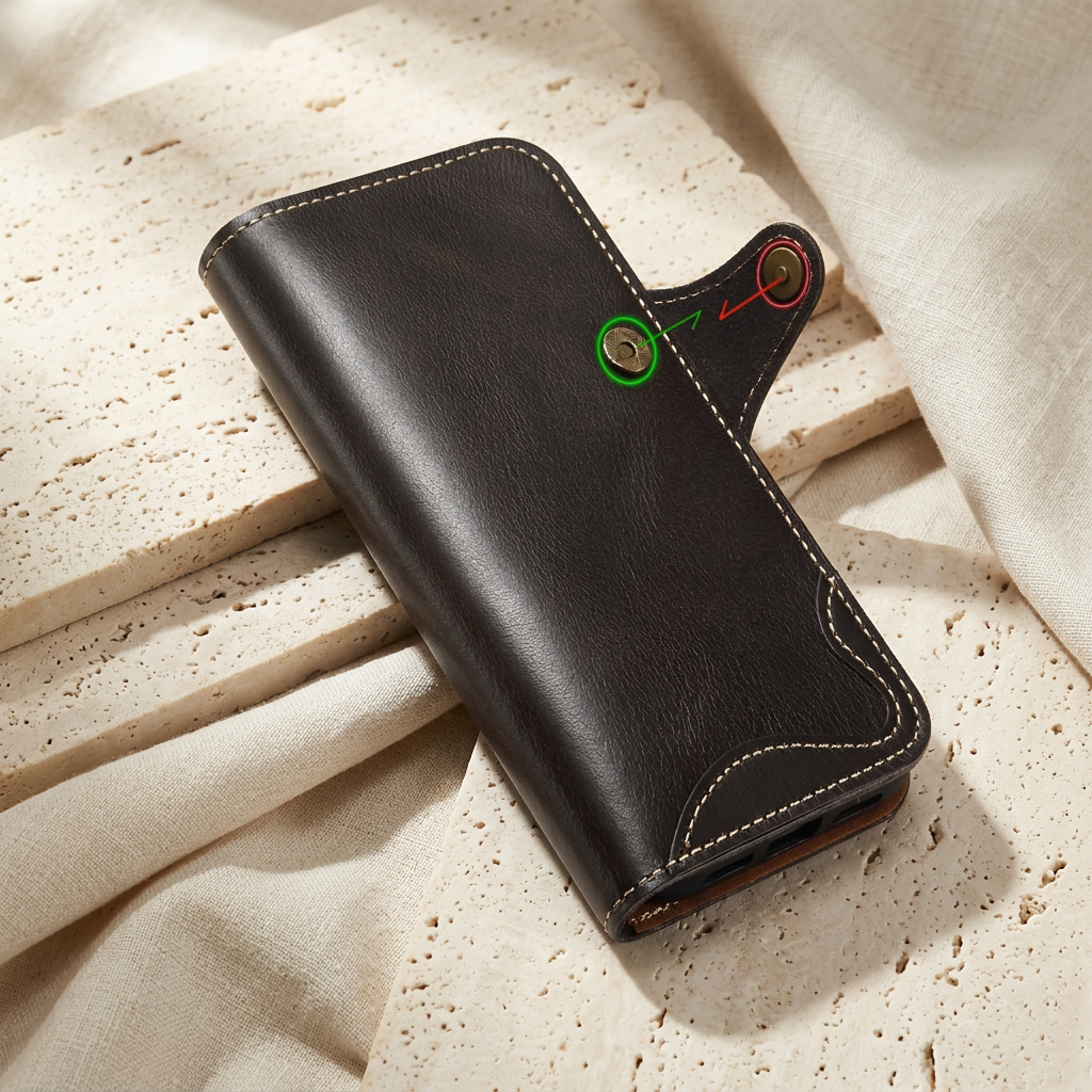 Black stitched folio with its fastening tab open, showing the two snap components highlighted by red and green annotations.