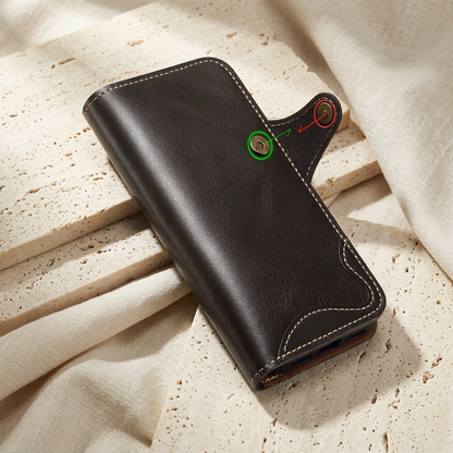 Black stitched folio with its fastening tab open, showing the two snap components highlighted by red and green annotations.