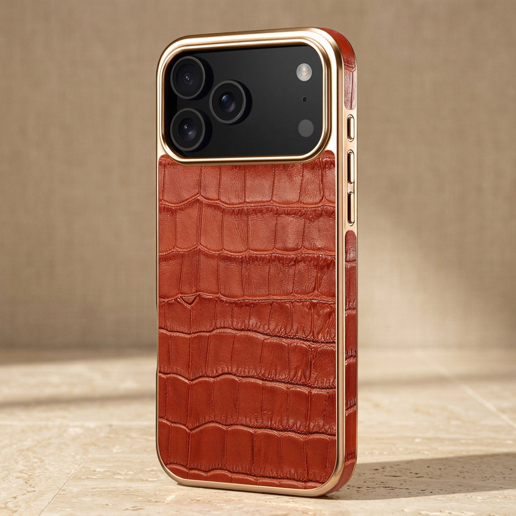 Upright three-quarter rear view showing reddish-brown croc scales, gold-tone camera surround and patterned right side.