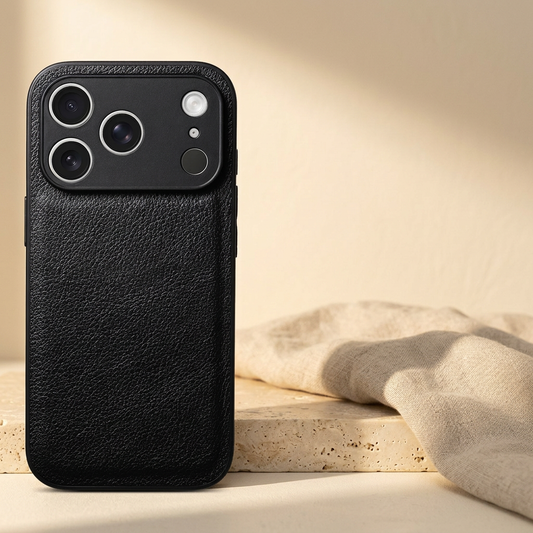 Black litchi-grain iPhone back cover showing its textured rear, tonal camera surround and side-button details.