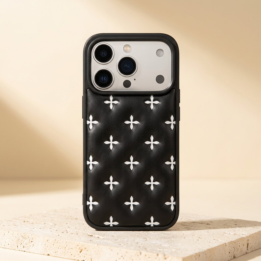 Crossquilt Puffy Faux Leather iPhone Case – Contrast Cross Design, straight rear view of the Black puffy case with white cross motifs on cream travertine.