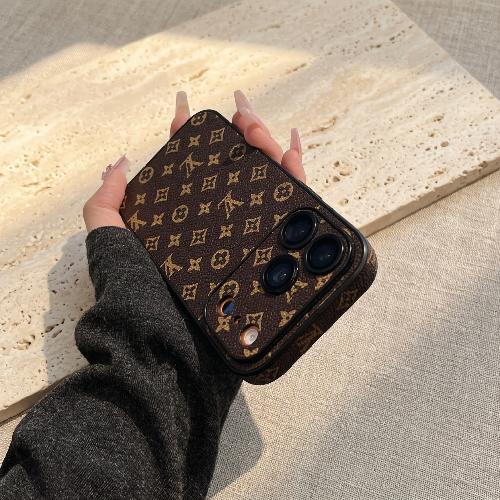 Angled hand-held rear view of a brown case with small gold LV and floral motifs, a patterned camera panel and dark edging.