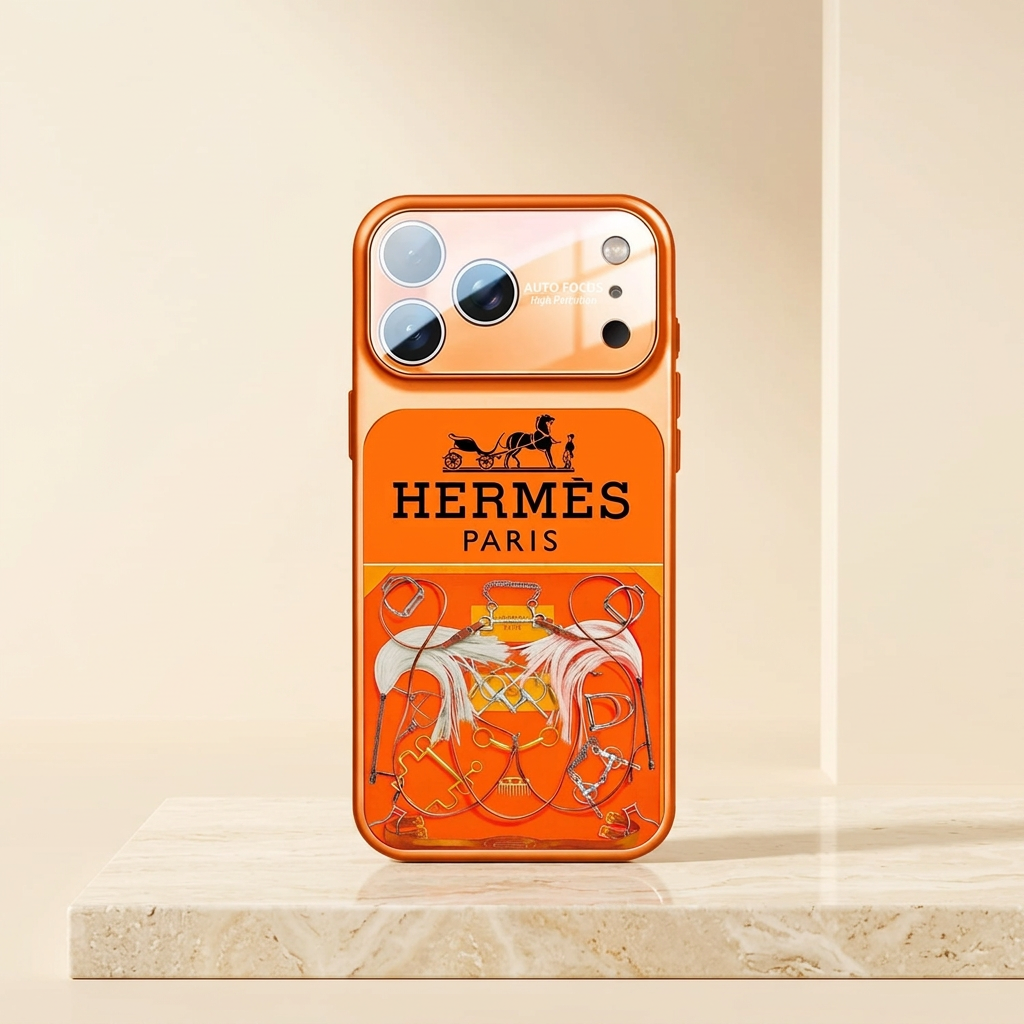 Full straight-on rear view of Style A orange case with black Hermès carriage and name above colourful horse-and-tack artwork.