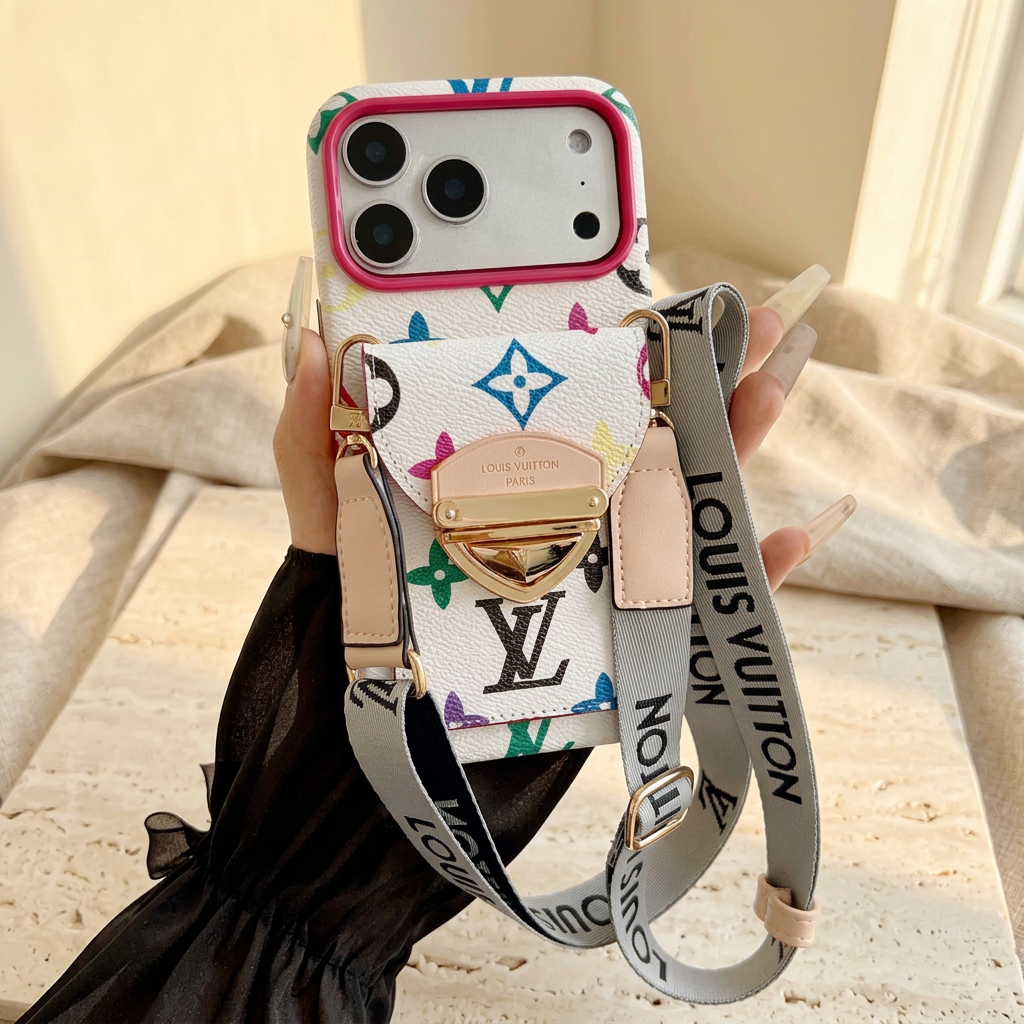 White multicolour monogram rear-pocket case with pink camera trim, gold-tone clasp and long pale wordmark strap, held by a manicured hand.