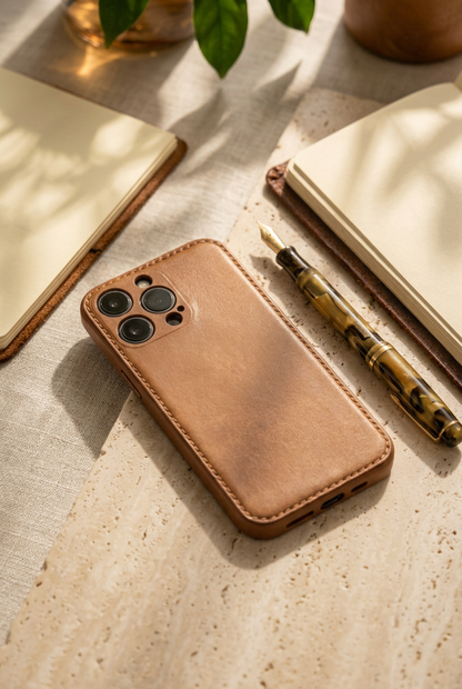 Tan stitched iPhone case lying diagonally beside two cream notebooks and a fountain pen, showing its rear and camera openings.