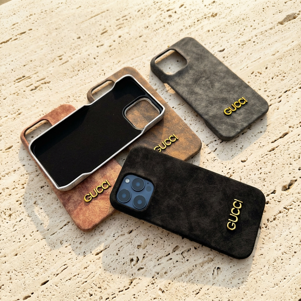 Overlapping black, gray, pink and khaki Gucci design cases with a white-edged case showing its plain black interior and a black case fitted to a blue display phone.