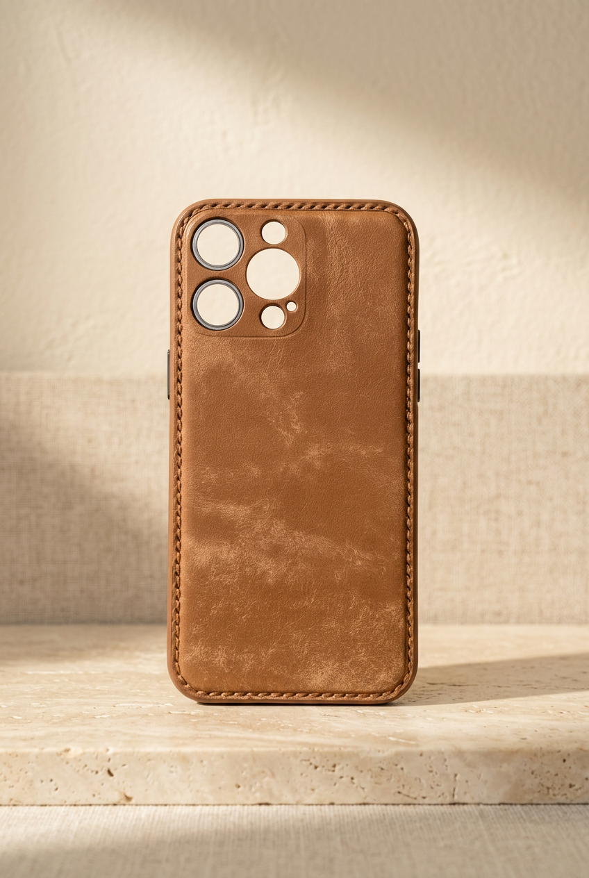Tan stitched iPhone back cover viewed from the rear, showing perimeter stitching and empty individual camera openings.