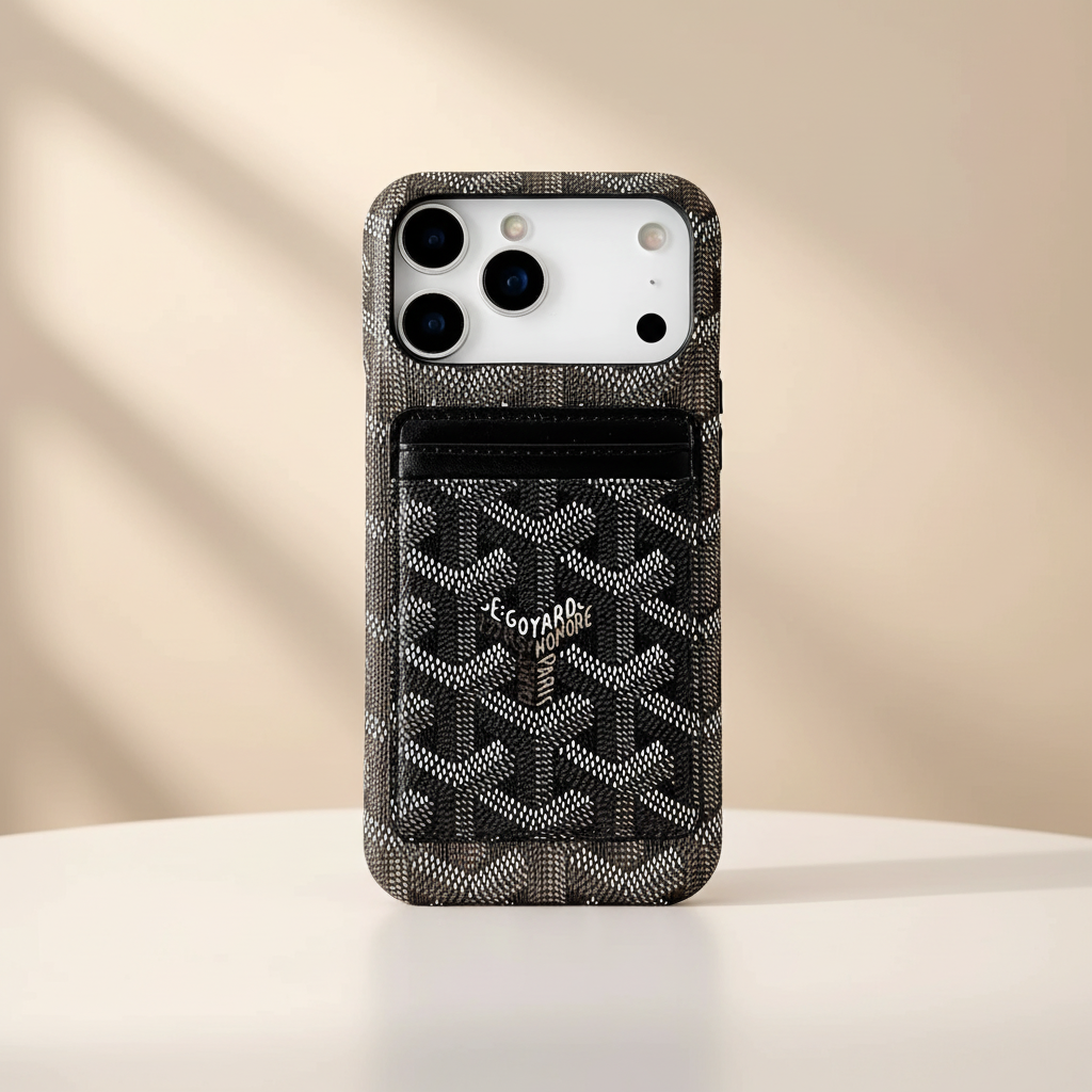 Black Goyard iPhone Case – Card Slot View | secure card holder, black Goyard luxury phone case, Elitesmark | Elitesmark
