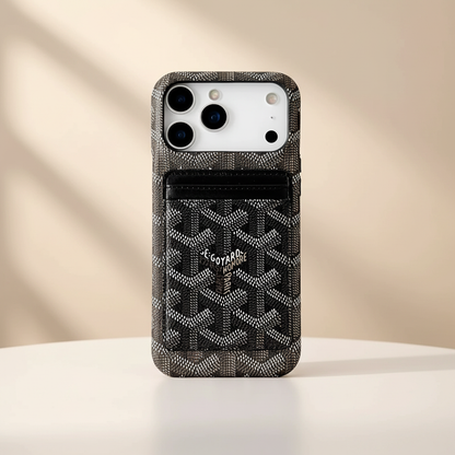 Black Goyard iPhone Case – Card Slot View | secure card holder, black Goyard luxury phone case, Elitesmark | Elitesmark