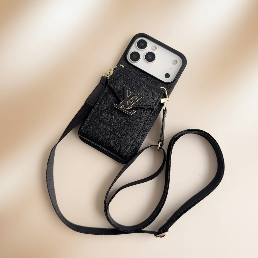 Black Louis Vuitton iPhone 17 Pro Max Case With Cardholder & Strap – Black LV Monogram | crossbody strap, card slot, luxury designer cover | Elitesmark
