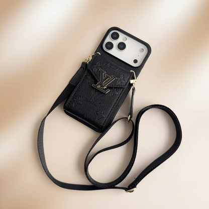 Black Louis Vuitton iPhone 17 Pro Max Case With Cardholder & Strap – Black LV Monogram | crossbody strap, card slot, luxury designer cover | Elitesmark