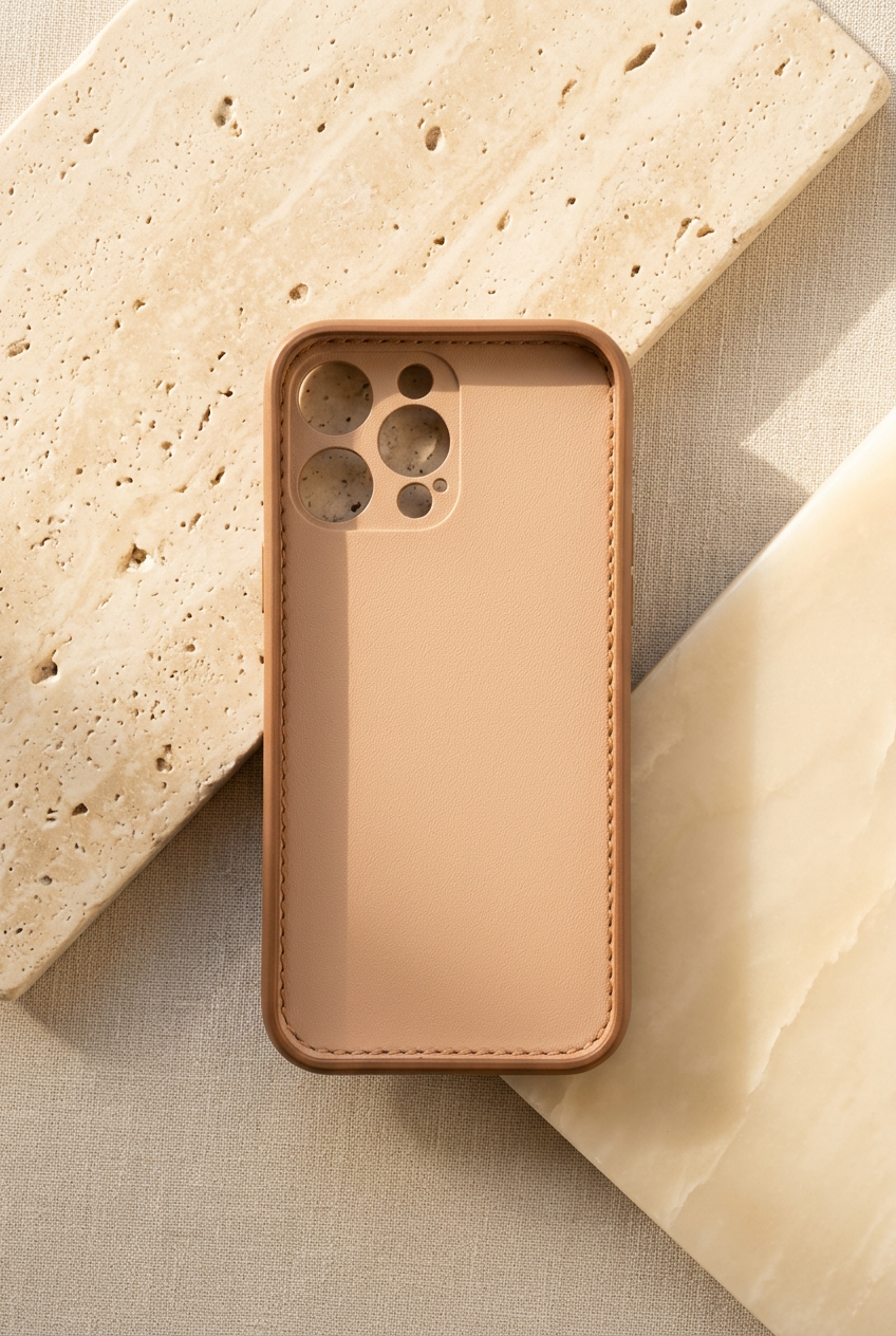 Empty tan iPhone case viewed from inside, showing its smooth inner panel, stitched edge and open camera holes.