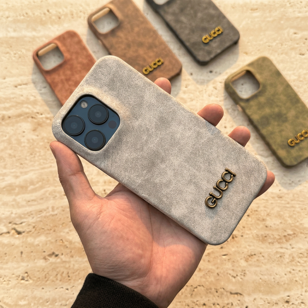Off-white mottled Gucci design case held in a hand with a black sleeve, showing the gold-tone name and blue display phone camera above.
