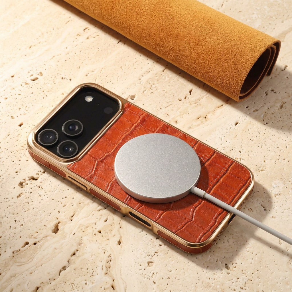 Orange-brown croc case lying diagonally with a silver charging puck and smooth grey cable pictured on its back.