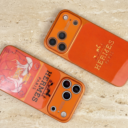 Orange equestrian print and gold-tone carriage design cases arranged on opposite diagonals, showing rear artwork, texture and individual camera details.