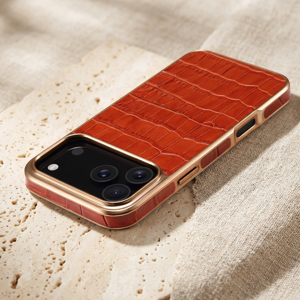Low diagonal view showing orange-brown croc texture, gold-tone edging, patterned side sections and side openings.