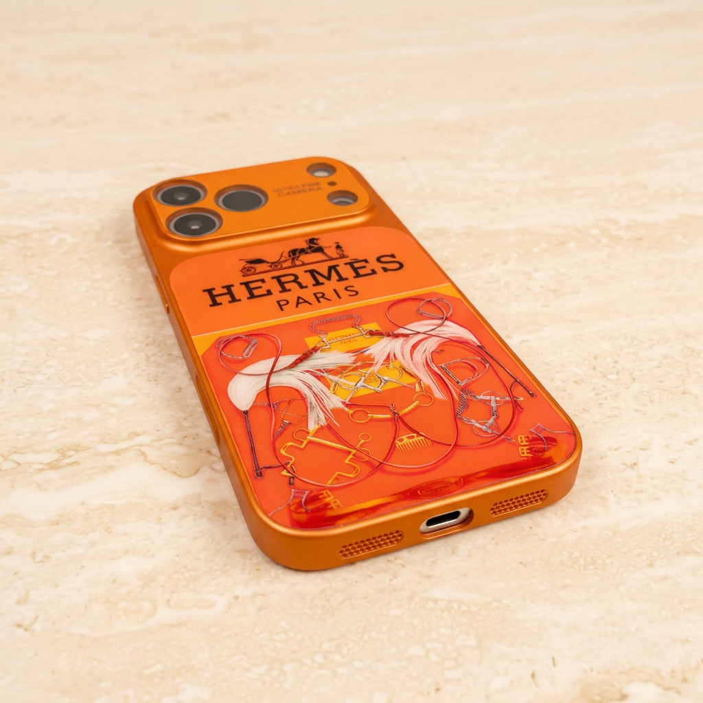 Style A orange equestrian design case viewed from its bottom edge, showing a central charging-port opening between two grille groups.
